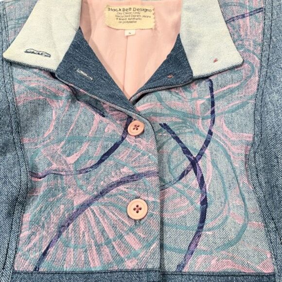 VINTAGE Original Hand Painted Upcycled Denim Patchwork Blazer Jacket Size Small - Picture 3 of 16